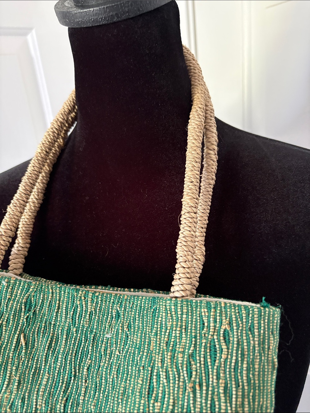 Patchouli Green Woven Handbag with Decorative Wooden Trim and Rope Handles. - Picture 5 of 14